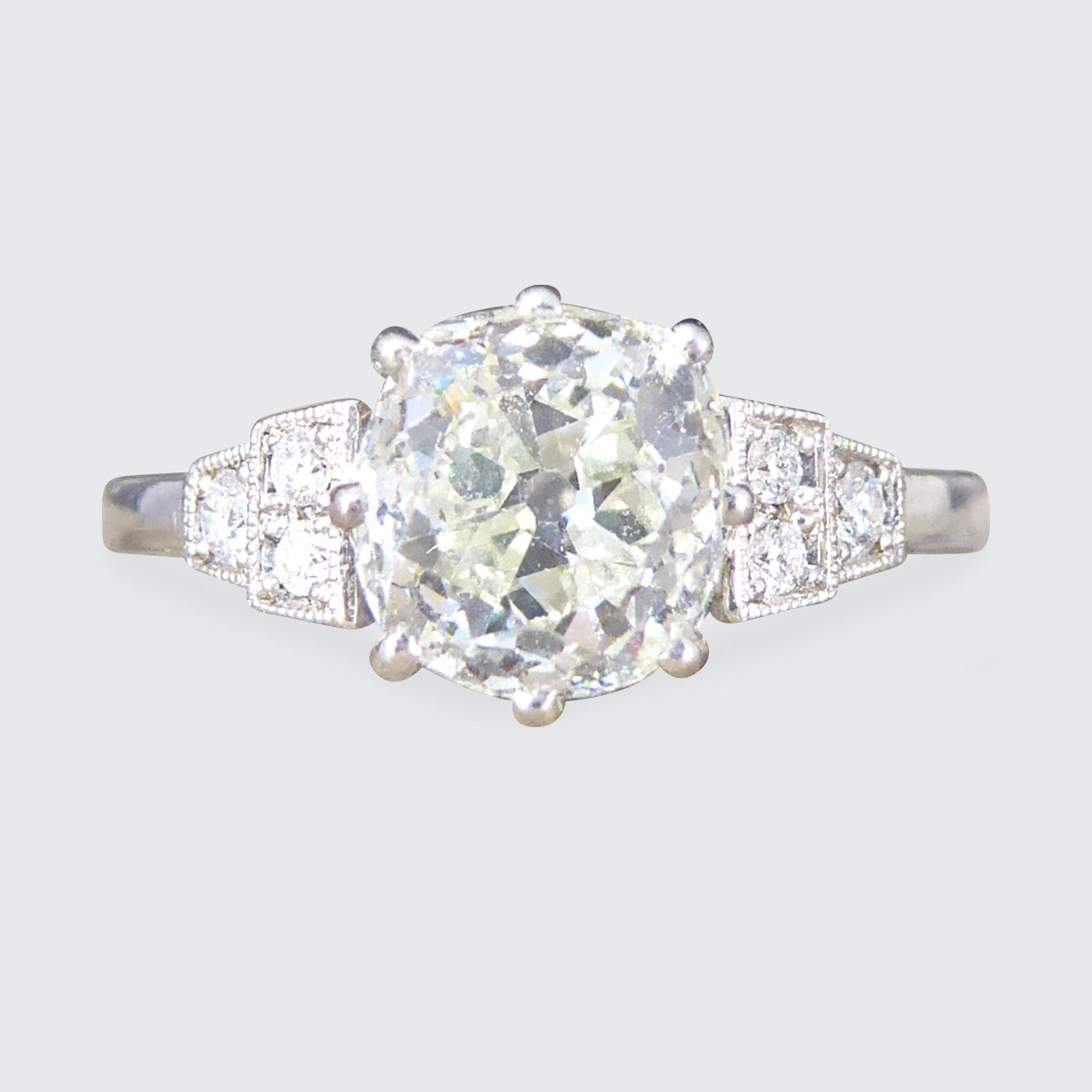 1.70ct Old European Cushion Cut Diamond Solitaire with Diamond Shoulders in Platinum - Wharfedale Antiques