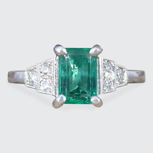 Art Deco Replica Emerald and Diamond Staged Shoulder Ring in Platinum - Wharfedale Antiques