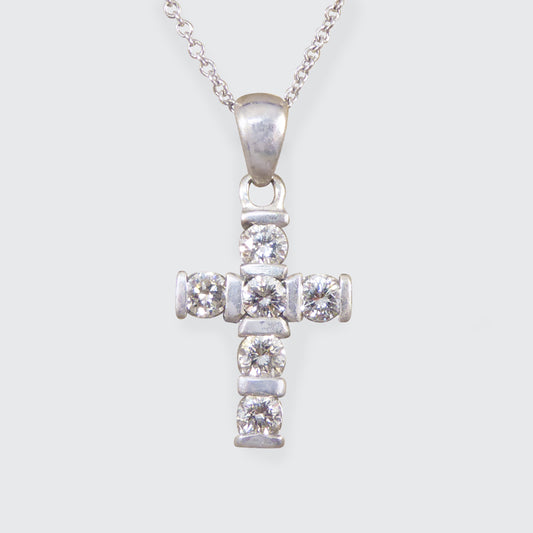 Diamond Set Cross Pendant Necklace in 18ct White Gold - Wharfedale Antiques