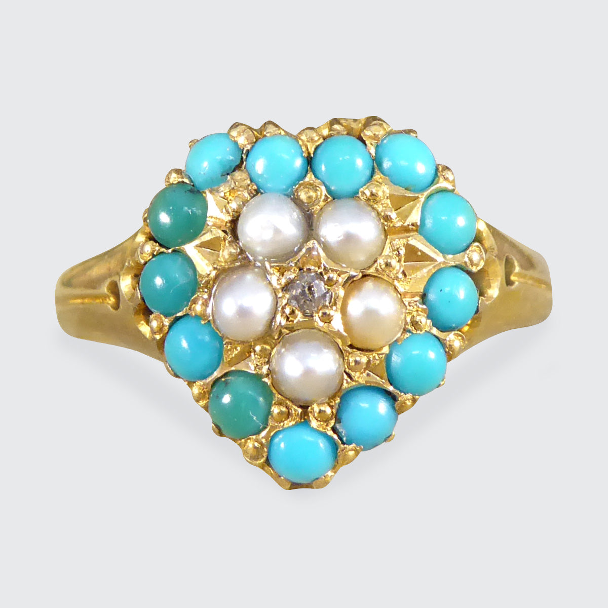 Victorian Heart Shaped Turquoise Seed Pearl and Diamond Cluster Ring in 18ct Yellow Gold - Wharfedale Antiques
