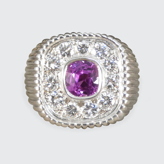 Chunky French Signet Ring with a Pink Sapphire and Diamond Cluster in Platinum - Wharfedale Antiques