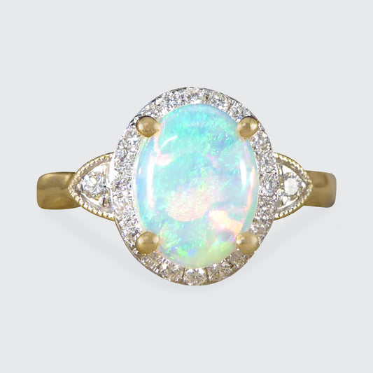 Modern Opal and Diamond Cluster Ring in 18ct Yellow Gold - Wharfedale Antiques