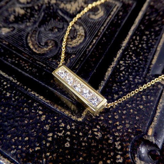 Princess Cut Diamond Bar Necklace in 18ct Yellow Gold - Wharfedale Antiques