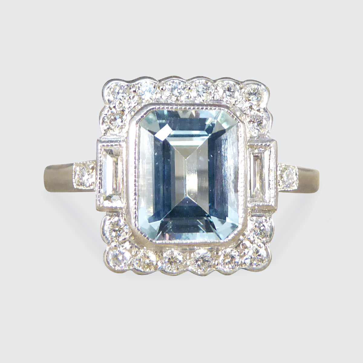 Art Deco Inspired Aquamarine and Diamond Cluster Ring in Platinum - Wharfedale Antiques