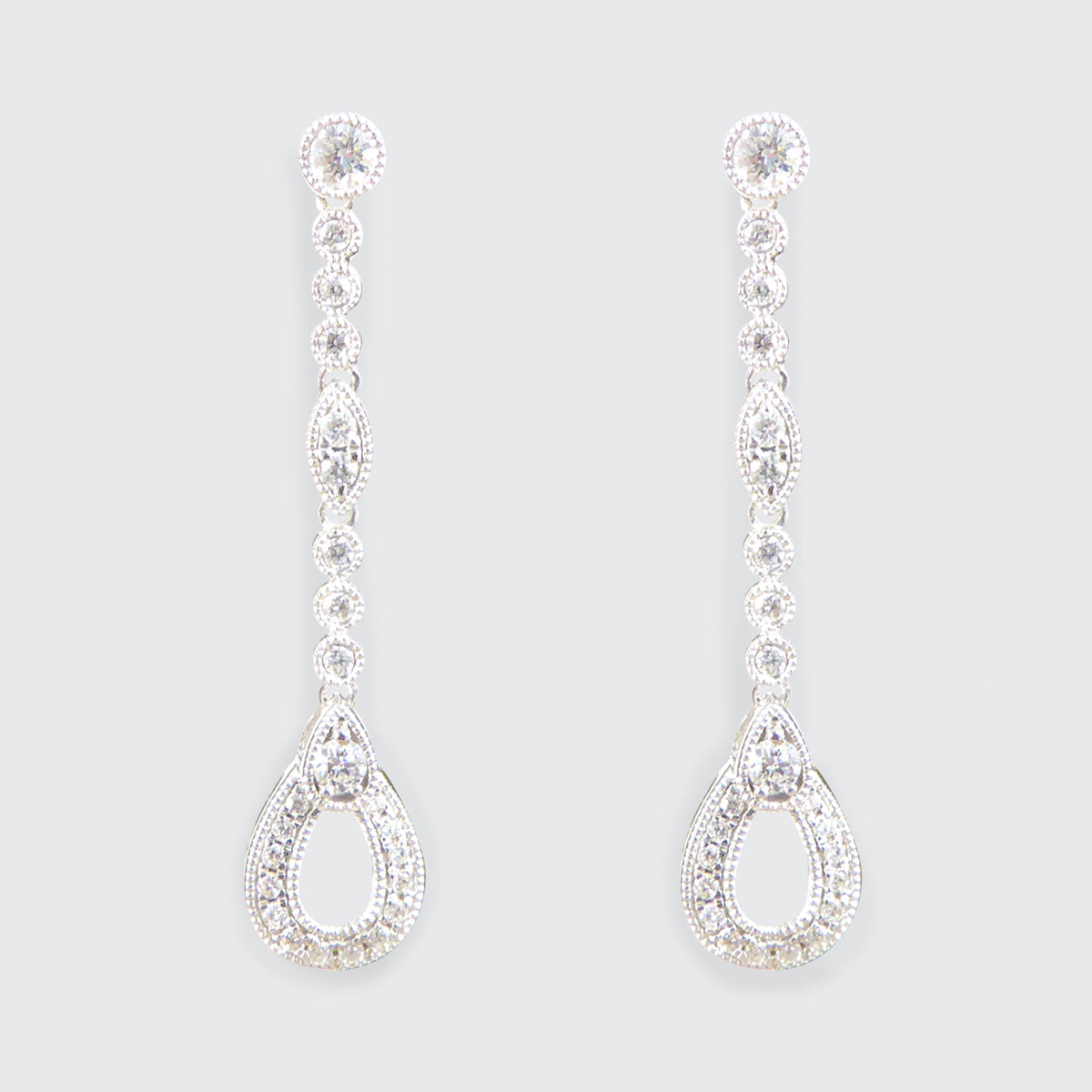 Diamond Set Pear Detailed Drop Earrings in White Gold - Wharfedale Antiques