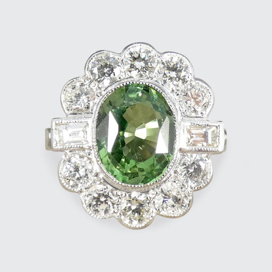 Edwardian Style 2.51ct Green Garnet and 1.20ct Diamond Cluster Ring in Platinum - Wharfedale Antiques