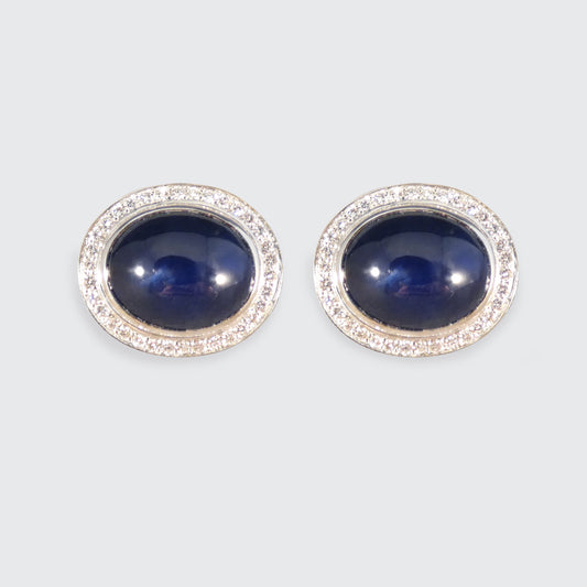 Cabochon Sapphire and Diamond Cluster Stud Earrings 18ct White Gold - Wharfedale Antiques