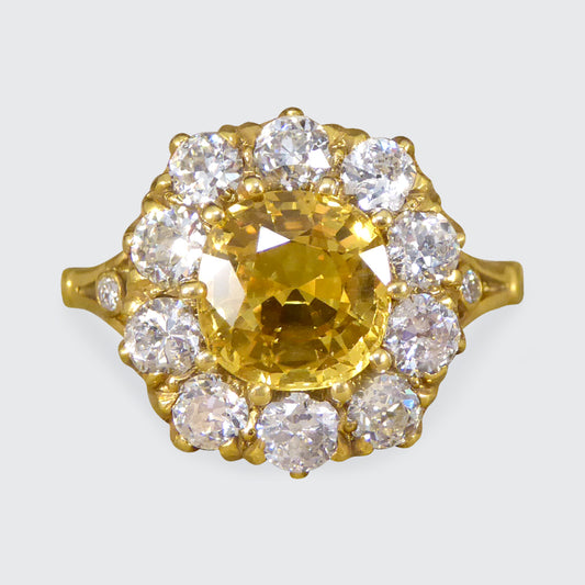 Antique Inspired 2.60ct Yellow Sapphire and Old Cut Diamond Cluster Ring in 18ct Yellow Gold - Wharfedale Antiques