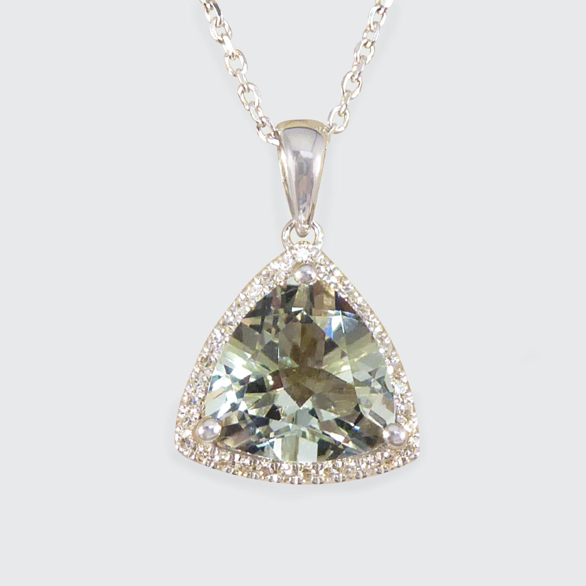 Majestic Trillion Cut Green Amethyst and Diamond Halo Pendant Necklace in White Gold - Wharfedale Antiques