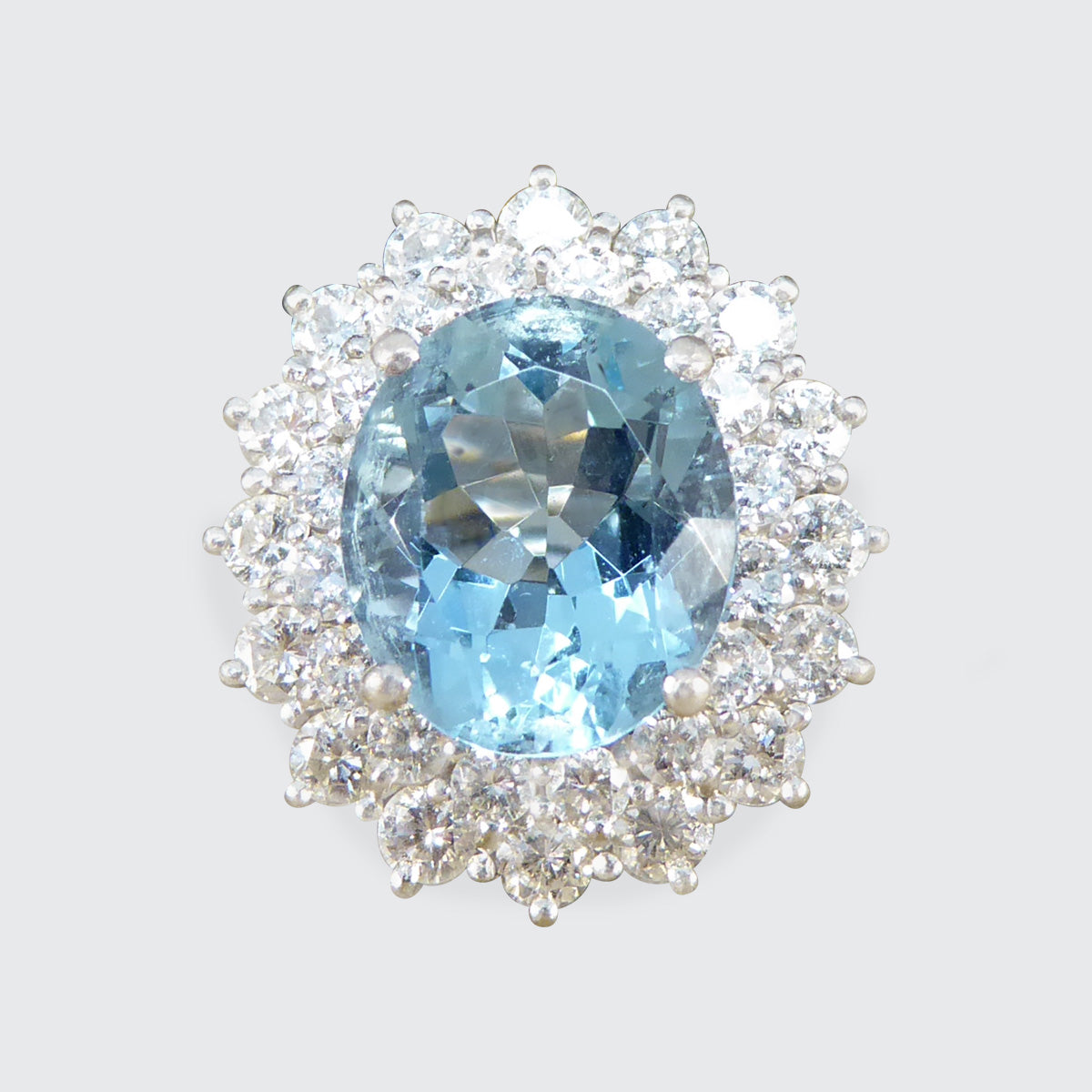 4.30ct Aquamarine and Diamond Double Cluster Ring in 18ct White Gold - Wharfedale Antiques