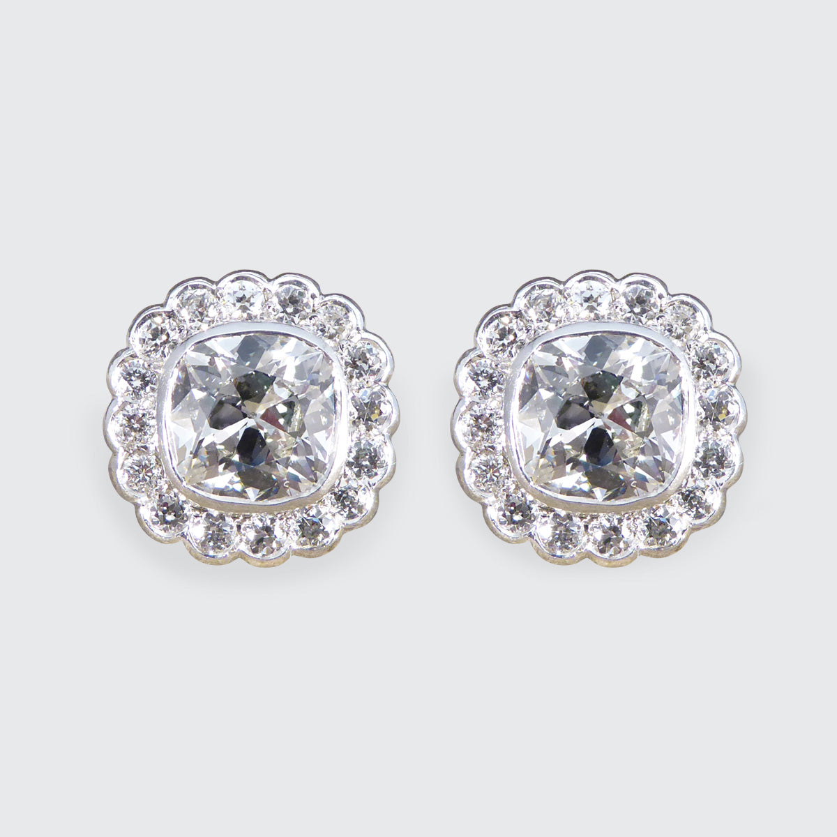 1940's Old Cushion Cut Daisy Cluster Stud Earrings in Platinum - Wharfedale Antiques