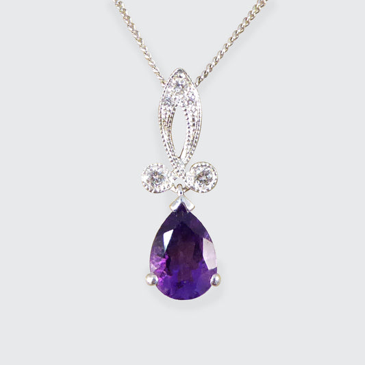 Art Deco Inspired Pear Shaped Amethyst Drop Necklace with Diamonds set in 18ct White Gold