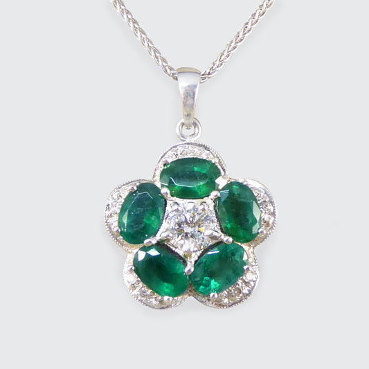 Emerald and Diamond Flower Cluster Pendant in 14ct White Gold with 18ct White Gold Chain Necklace - Wharfedale Antiques