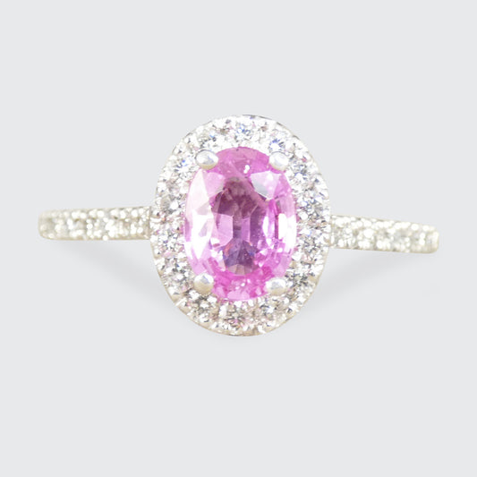 Pink Sapphire and Diamond Cluster Wedfit Ring with Diamond Shoulders in Platinum