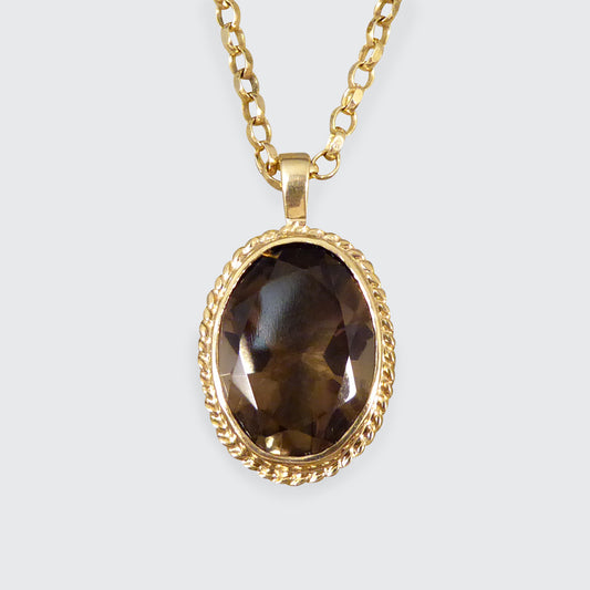 Vintage Smokey Quartz Pendant Necklace on 24inch Yellow Gold Belcher Chain