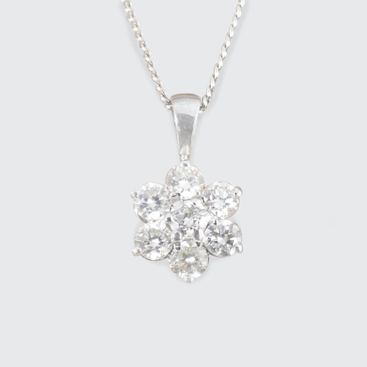 Diamond Flower Cluster Pendant Necklace in 18ct White Gold