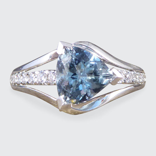 Aquamarine Trillion Cut and Diamond Set Three Strand Ring in 18ct White Gold - Wharfedale Antiques