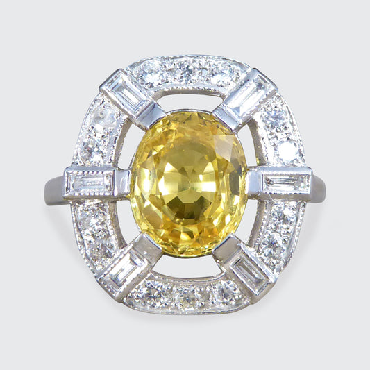 Art Deco Inspired Yellow Sapphire and Diamond Sunshine Cluster Ring in Platinum - Wharfedale Antiques