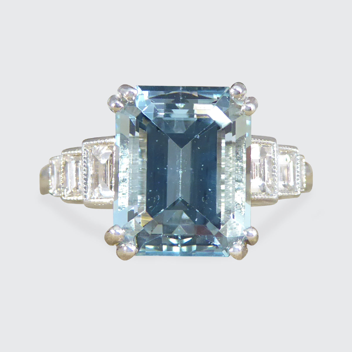 Art Deco Inspired 3.30ct Aquamarine and Diamond Staged Ring in Platinum - Wharfedale Antiques
