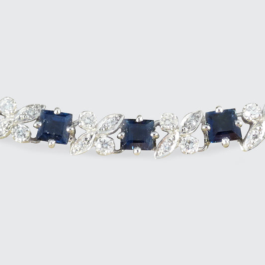 Vintage Square Cut Sapphire and Diamond Line Bracelet in 18ct White Gold C1990 - Wharfedale Antiques