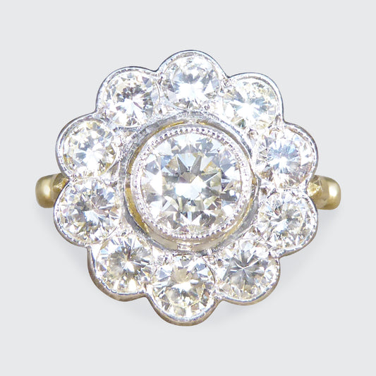 1.85ct Diamond Daisy Halo Cluster Ring set in 18ct Yellow Gold and Platinum - Wharfedale Antiques