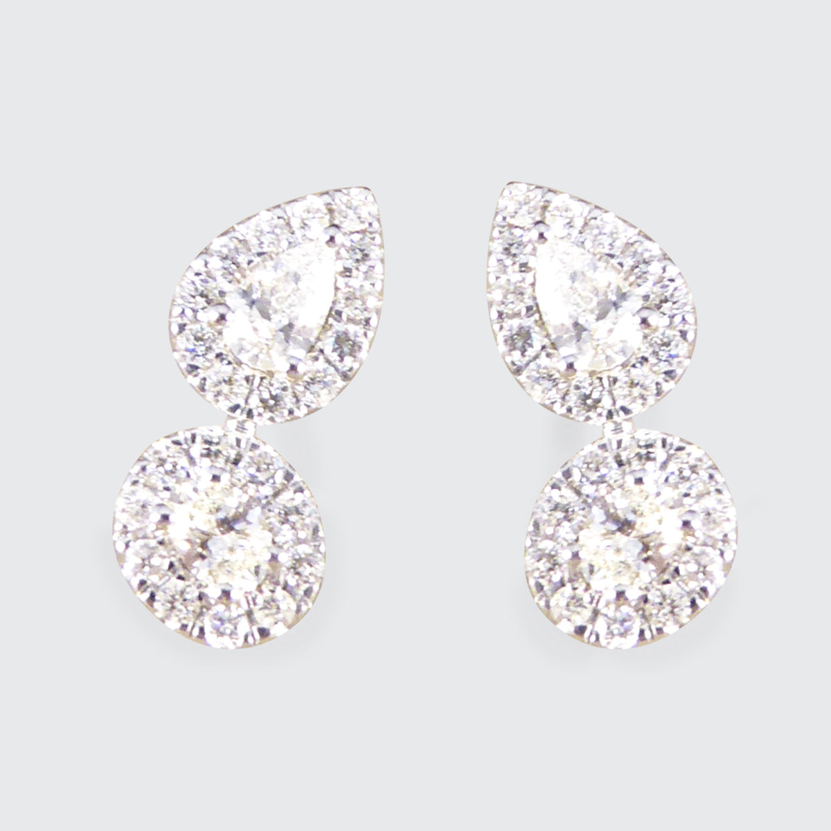 Diamond Pear and Oval Double Cluster Stud Earrings in 18ct White Gold - Wharfedale Antiques