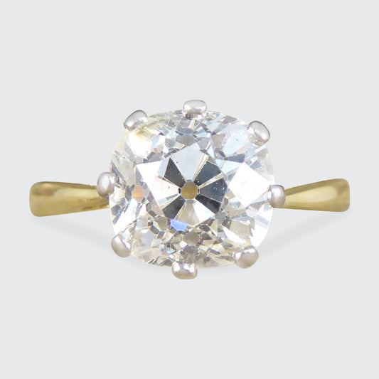 Over 2ct Old Cushion Cut Diamond Hight Set Solitaire Ring in 18ct Yellow and White Gold - Wharfedale Antiques