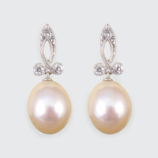 Fresh Water Cultured Pearl and Diamond Drop Earrings in 18ct White Gold - Wharfedale Antiques