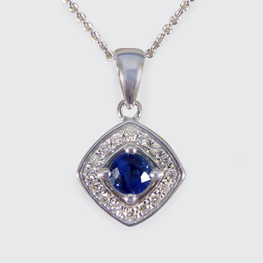 Ceylon Sapphire and Diamond Cluster Pendant Necklace in White Gold