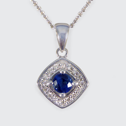 Ceylon Sapphire and Diamond Cluster Pendant Necklace in White Gold - Wharfedale Antiques