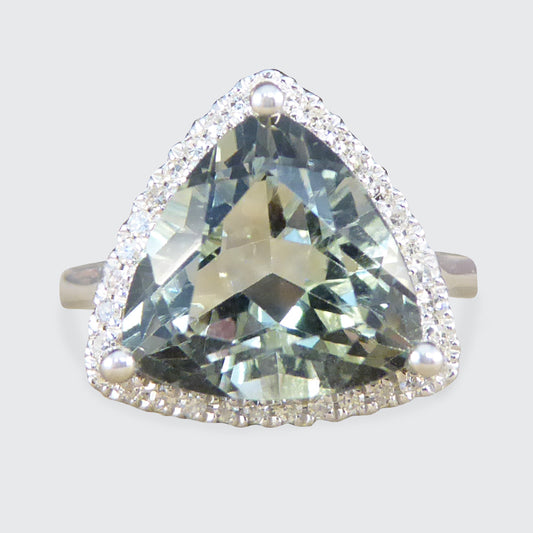 ON HOLD Majestic Trillion Cut Green Amethyst and Diamond Halo Dress Ring in White Gold