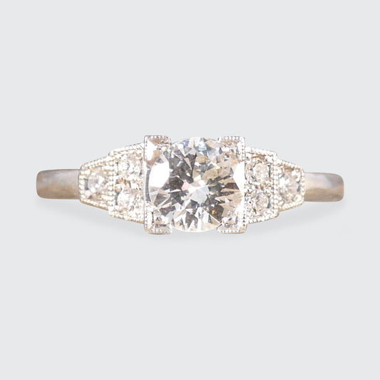 Art Deco Inspired Diamond Ring with Diamond Staged Shoulders in Platinum - Wharfedale Antiques