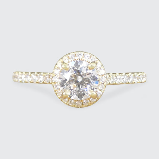GIA Cert D Colour Diamond Halo Cluster Engagement Ring with Diamond Shoulders in 18ct Yellow Gold.