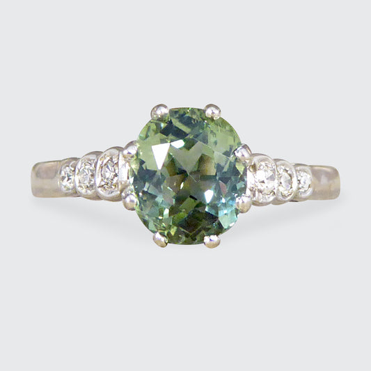 Enchanting Green Tourmaline Ring with Diamond Shoulders in 18ct White Gold - Wharfedale Antiques