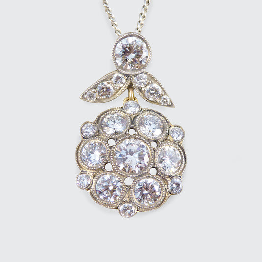 Antique Style 2.50ct Diamond Cluster Drop Pendant Necklace in Yellow Gold and Silver - Wharfedale Antiques