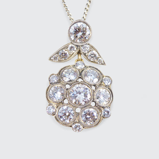 Antique Style 2.50ct Diamond Cluster Drop Pendant Necklace in Yellow Gold and Silver