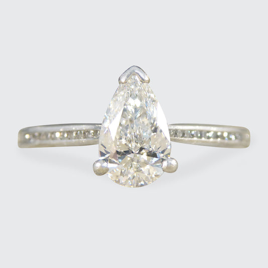 GIA Cert Pear Cut Diamond Engagement Ring with Diamond Shoulder in Platinum - Wharfedale Antiques