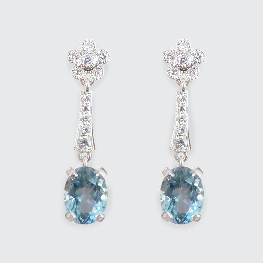 Aquamarine and Diamond Belle Epoque Inspired Drop Earrings in 18ct White Gold - Wharfedale Antiques