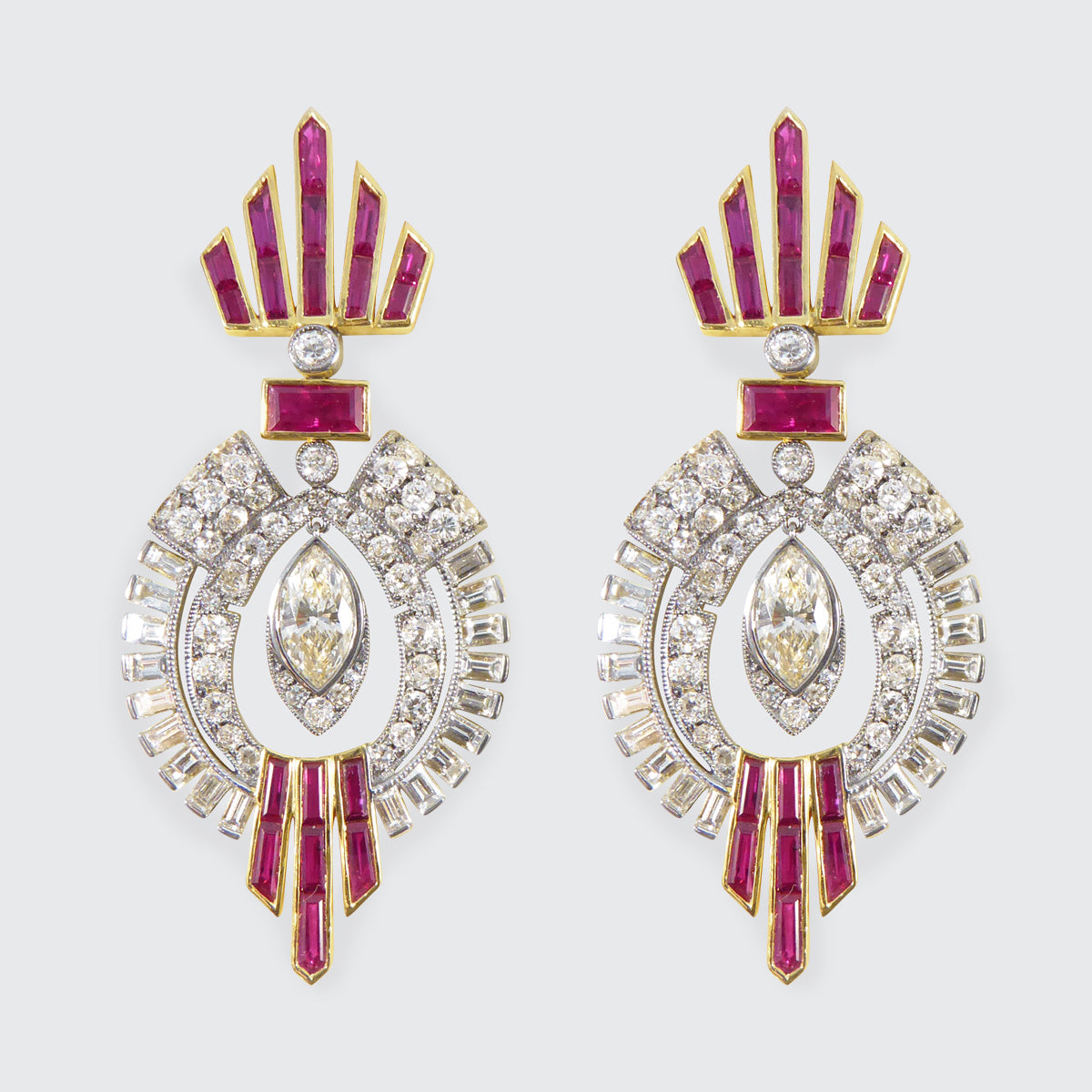 1960's Ruby and Diamond Drop Cocktail Dress Earrings in 18ct Gold and Platinum - Wharfedale Antiques