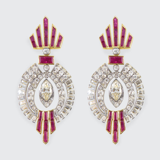 1960's Ruby and Diamond Drop Cocktail Dress Earrings in 18ct Gold and Platinum - Wharfedale Antiques