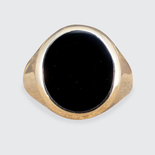 Oval Faced Onyx Set Signet Ring in 9ct Yellow Gold - Wharfedale Antiques