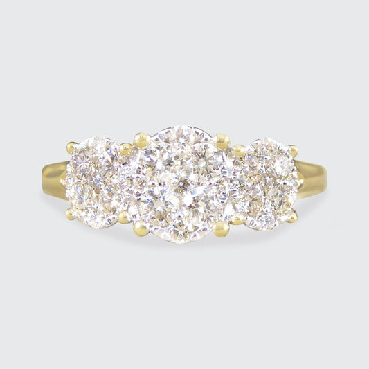Oval Cut Diamond Three Stone Illusion Cluster Ring in Yellow Gold - Wharfedale Antiques