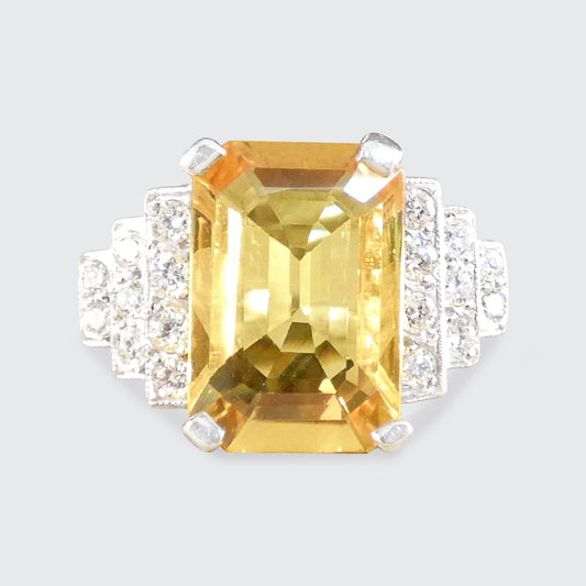 Yellow Sapphire and Diamond Art Deco style cocktail ring in Platinum