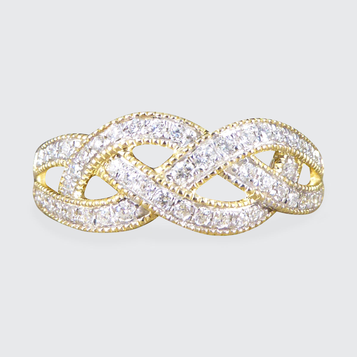 Diamond Set Milgrain Plait Half Eternity Ring in Yellow Gold - Wharfedale Antiques