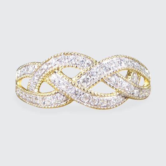 Diamond Set Milgrain Plait Half Eternity Ring in Yellow Gold - Wharfedale Antiques