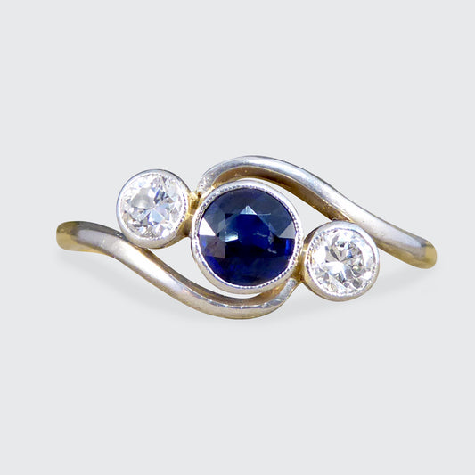 Edwardian Sapphire & Diamond Three Stone Crossover Ring in 18ct Gold and Platinum - Wharfedale Antiques