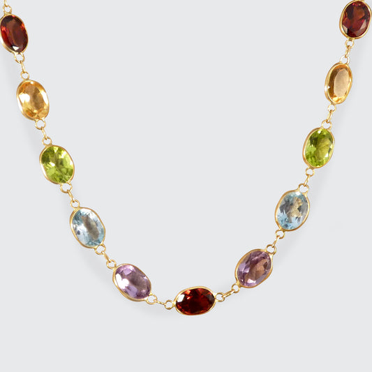 Multi Gem Colourful Bezel Set Necklace in 18ct Yellow Gold - Wharfedale Antiques