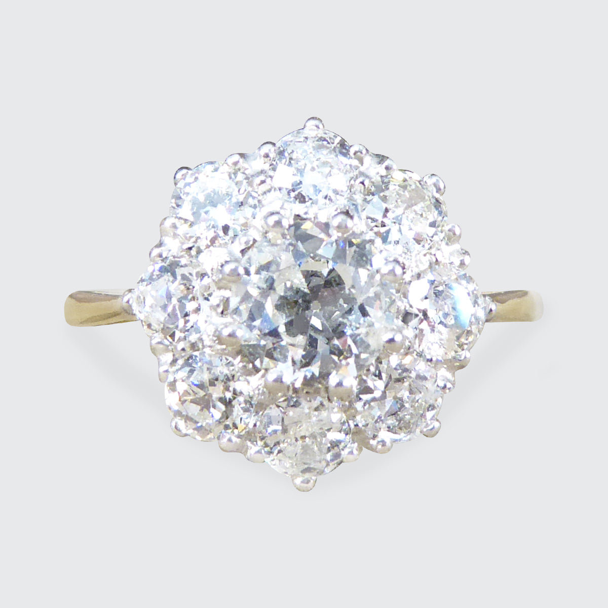 Edwardian Style 1.85ct Old Cut Diamond Daisy Cluster Ring in 18ct Yellow Gold - Wharfedale Antiques