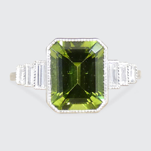 Art Deco Inspired Peridot and Baguette Cut Diamond Staged Shoulders in Platinum