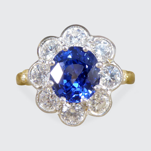 Edwardian Inspired 2.24ct Sapphire and Diamond Cluster Ring in 18ct Gold - Wharfedale Antiques